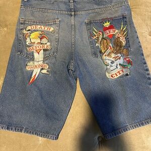 Ed Hardy Blue Jean Shorts with Bold Graphic